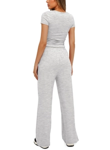 Rear view of grey marl two-piece lounge set featuring short sleeve top and wide-leg trousers