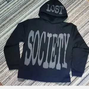 Detail of Lost Society puff print lettering on oversized black gothic hoodie