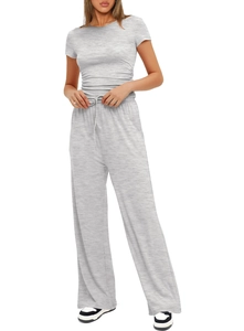 Detail view of light grey knit two-piece set featuring short sleeve top and drawstring pants