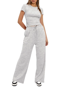 Detail of grey short sleeve top with side ruching and high waist drawstring wide leg pants