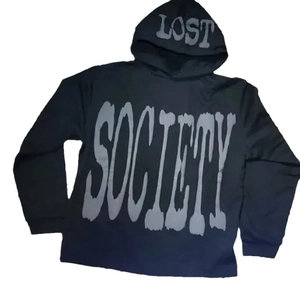 Gothic black oversized hoodie with LOST and SOCIETY foam print lettering on street style