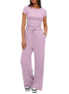 Detail view of lilac ruched short sleeve top and high-waisted wide-leg lounge pants