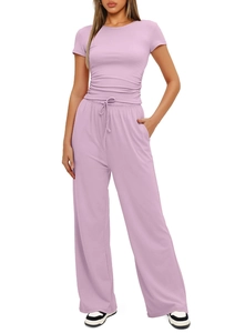 Detail of lavender two-piece set featuring short sleeve top and drawstring wide leg pants
