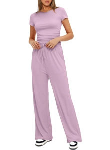 Detailed view of the elastic drawstring waistband on lilac high-waisted wide-leg trousers