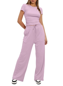 Detail view of lavender lounge set featuring drawstring ruched side and elastic waist