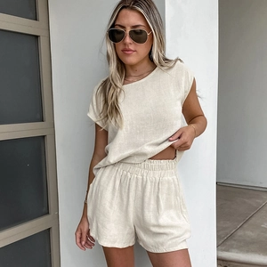 Ensemble d'été pour femme en coton et lin avec haut à manches courtes et short taille haute