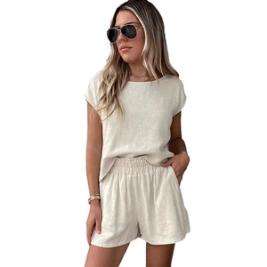 Ensemble pyjama d'été pour femme en coton et lin avec haut à manches courtes et short