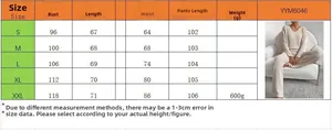 Size chart for women's V-neck knit top and wide-leg pants set showing S to XXL measurements