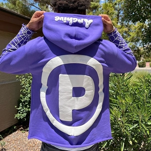 Gothic street style purple hoodie with white foam letters and spider web pattern