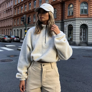 Women's white fuzzy fleece half-zip sweatshirt and beige cargo pants streetwear set
