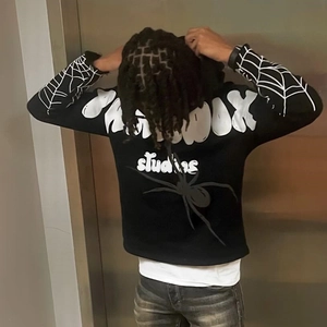 Gothic street style oversized black hoodie with white foam letters and spider graphic