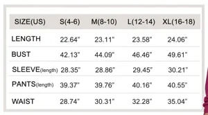 Detailed size chart for women casual sweatshirt and pants set with US sizing measurement