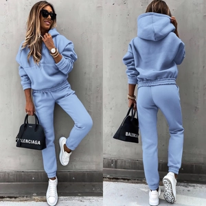 Women's light blue oversized long sleeve hoodie and matching jogger two-piece set