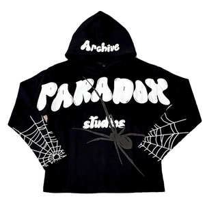 Black Gothic hoodie featuring Paradox foam letters and white spider web graphics