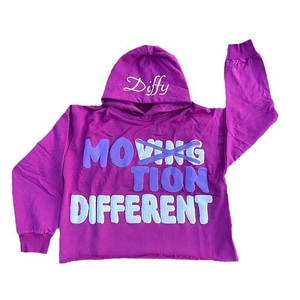 Purple graffiti print hoodie with distressed raw hem and front letter branding design