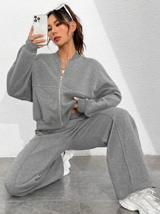 Women's dark grey zip-up sweatshirt and wide-leg sweatpants two-piece casual set