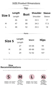 Detailed size chart for white knit pajama set including top and bottom measurements