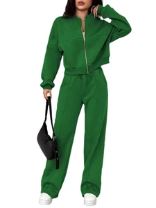Women's emerald green two-piece tracksuit with zip-up sweatshirt and wide-leg joggers