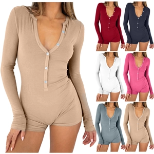 Pagliaccetto Donna Manica Lunga Scollo a V con Bottoni Body a Coste Casual Aderente Jumpsuit Tuta Corta Loungewear