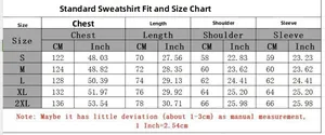 Detailed size chart for Y2K oversized zip hoodie with CM and Inch measurements