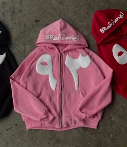 Detail of heavy cotton street style hoodie with puff print and 88 APPAREL embroidery