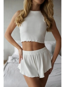 Women Ribbed Knit Sleeveless Crew Neck Crop Top And Ruffle Hem Shorts Casual Summer Loungewear Home Pajama Clothes