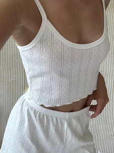 Women Sexy Hollow Out Pointelle Knit Pajama Set Cotton Blend Camisole And Shorts Loungewear Sleepwear Summer Casual Nightwear
