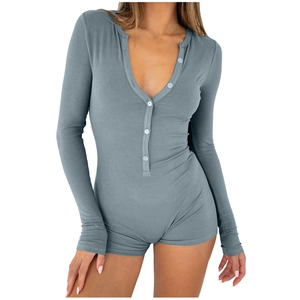 Pagliaccetto aderente a maniche lunghe con scollo a V in maglia a coste blu nebbia
