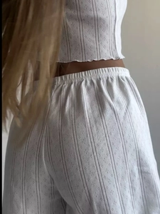 Sexy white pointelle knit two-piece lounge set with cropped camisole and shorts for women