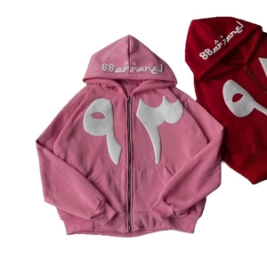 Y2K streetwear zip hoodie set in pink and deep red with wavy foam applique design
