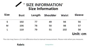 Detailed size chart for long sleeve romper with S, M, L measurements in centimeters