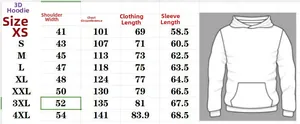 Detaillierte Größentabelle für 3D-Druck-Hoodie mit Maßen von XS bis 4XL in cm