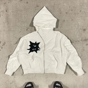 Oversized white street style hoodie with unique witch hood and star patch embroidery