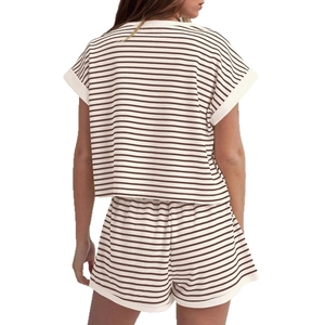 Damen Sommer Freizeitset Gestreift mit Rundhals T-Shirt und elastischen Shorts Set Outfit