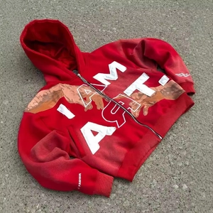 Y2K Streetwear oversized red zip-up hoodie featuring white letter patches and mountain print