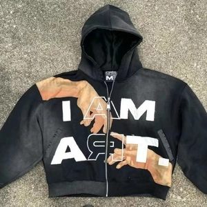 Y2K streetwear black zip-up hoodie featuring white I AM ART print on gray background