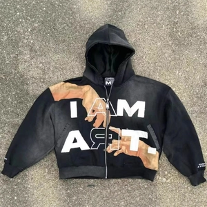 Oversized black Y2K zip-up hoodie featuring I AM ART graphic print and hand illustration