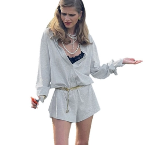 Gray long sleeve button collar shirt and matching high waist shorts two-piece set