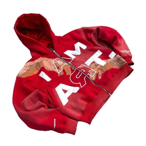 Red Y2K oversized zip-up hoodie featuring I AM ART embroidery and hand graphic print
