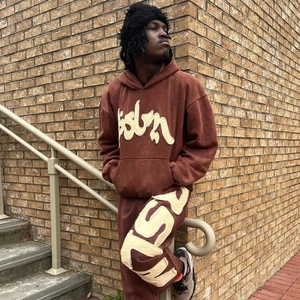 Braunes Oversize-Streetwear-Hoodie-Set mit Vintage-Waschung und weißer Buchstabenstickerei