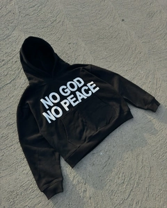Detail of NO GOD NO PEACE slogan print on heavy black cotton streetwear hoodie