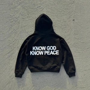 Streetwear black hoodie with white Know God Know Peace back print and dropped shoulders