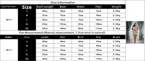Detailed size chart with measurements for sequin party dress including length and bust