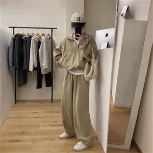 Women Casual Polyester Sweatshirt Sweatpants Top And Bottom Stand Collar Long Sleeve Solid Color Pocket Tracksuit Set