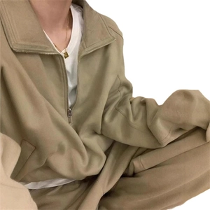 Women's casual khaki tracksuit featuring a zip-up stand collar hoodie and matching joggers