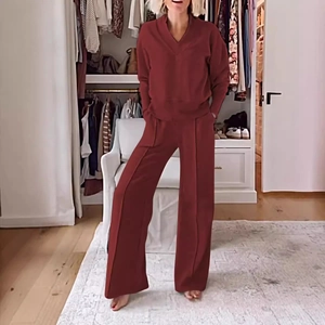 Women's two-piece set featuring V-neck long sleeve top and wide leg pants in deep red