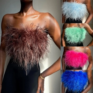 Detail showing various colors of fluffy ostrich feather tube tops for women