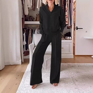 Women's black casual 2-piece set with V-neck long sleeve top and wide leg pants