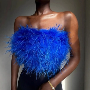 Chic royal blue faux feather strapless crop top for women with fluffy layered texture