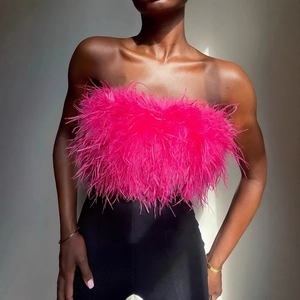 Fuchsia pink feather tube top with fluffy ostrich fur design for elegant party fashion
